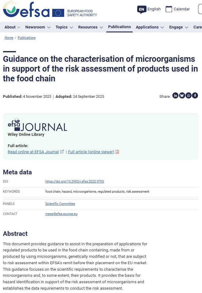 EU EFSA Releases “Guidance on the characterisation of microorganisms in support of the risk assessment of products used in the food chain”