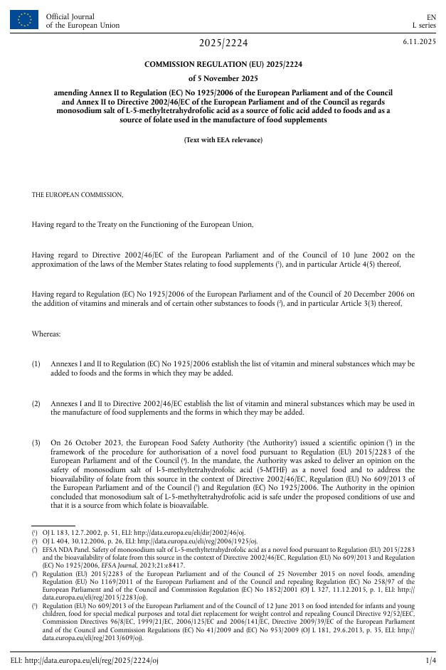 EU Adopts Regulation (EU) 2025/2224 — 5 MTHF Monosodium Salt Authorized as Folate Source