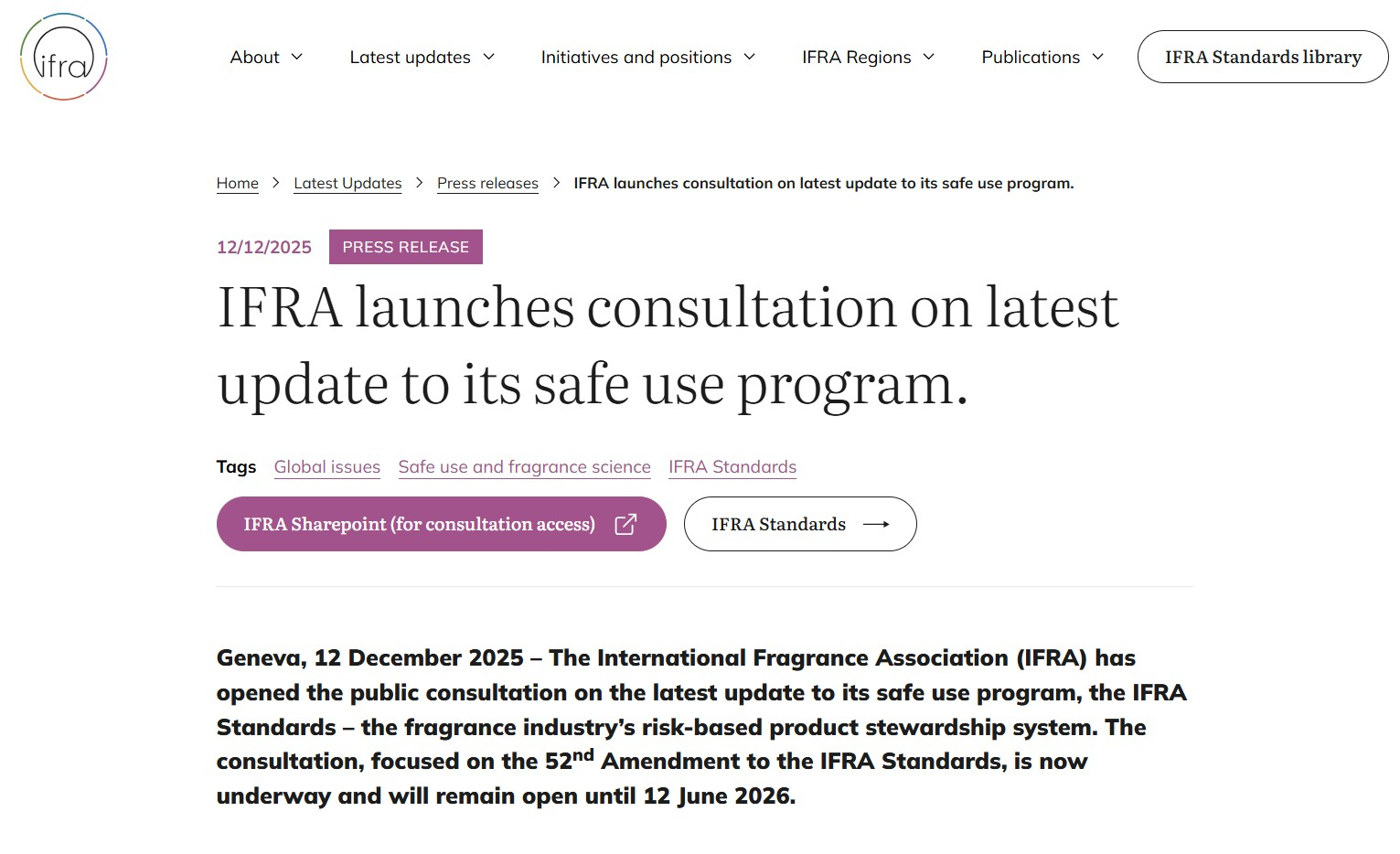 IFRA 就其安全使用项目最新更新启动公众咨询