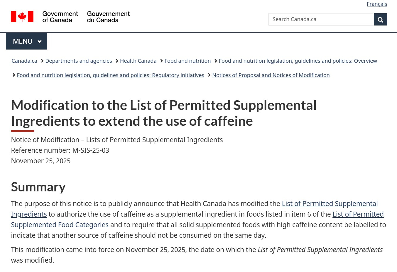 Canada News! Modification to the List of Permitted Supplemental Ingredients to extend the use of caffeine