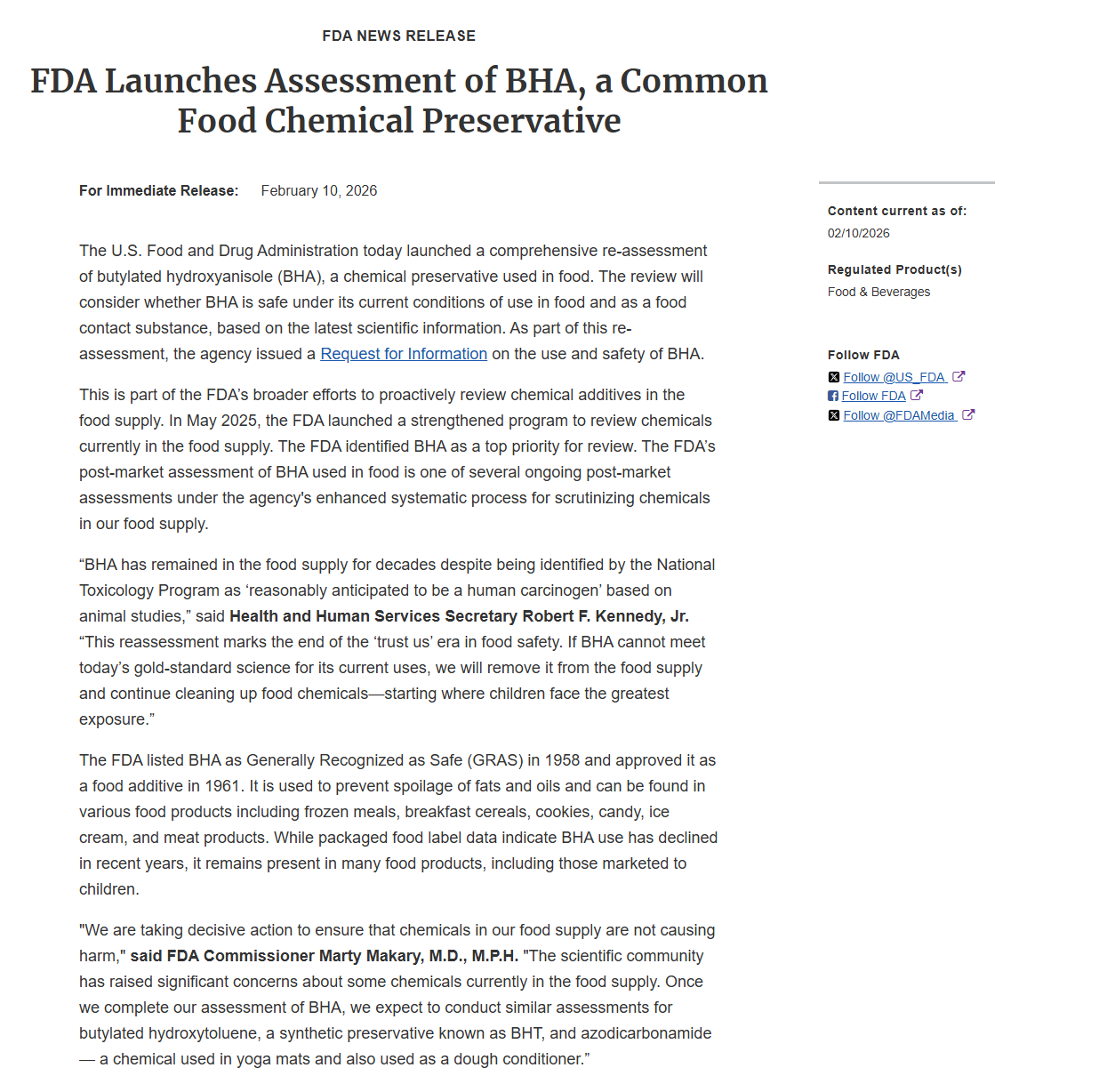 FDA Launches Assessment of BHA, a Common Food Chemical Preservative