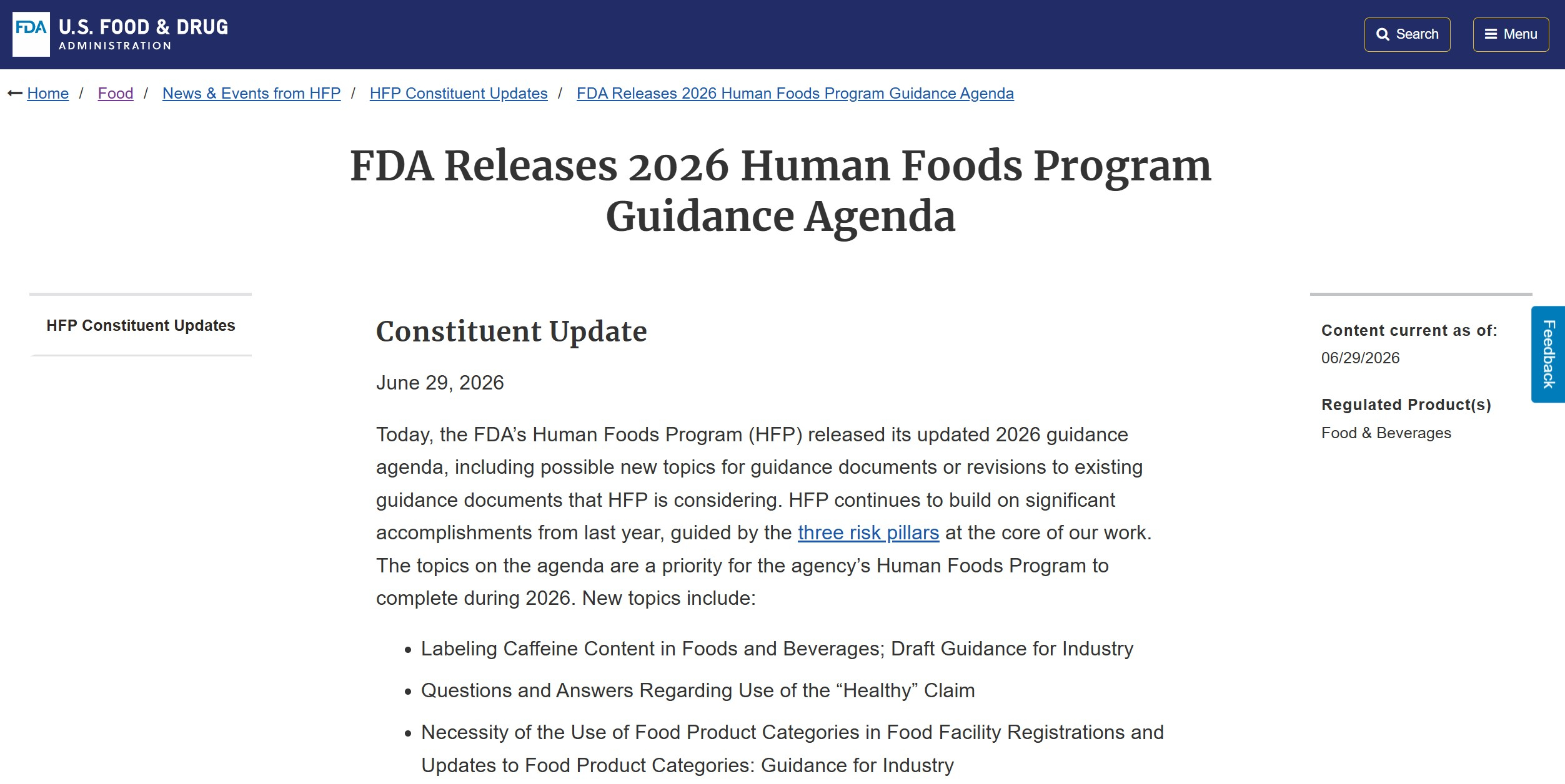 US FDA Releases 2026 Human Foods Program Guidance Agenda