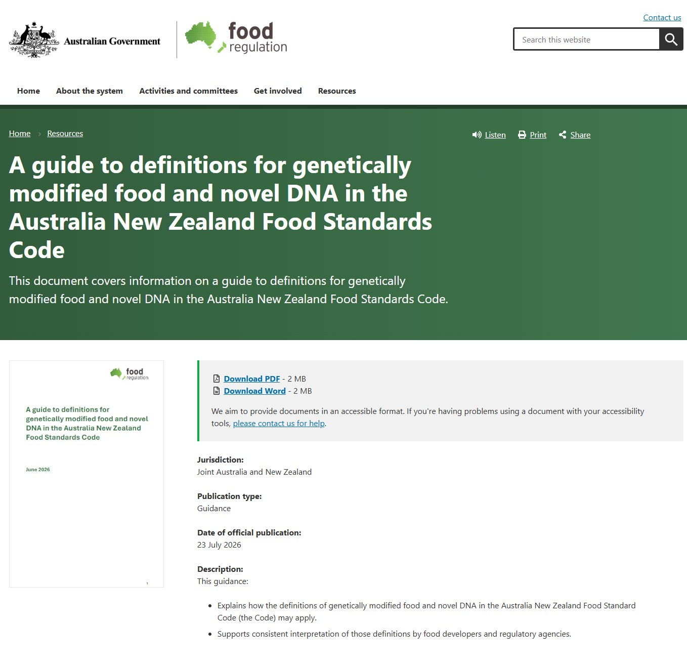 Australia New Zealand New Guidance Published on Genetically Modified Food and Novel DNA Definitions under the Food Standards Code