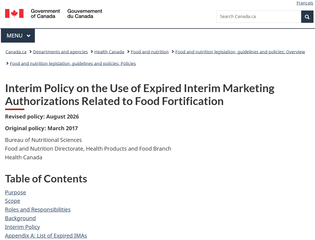 Canada – 10 Expired Food Fortification Interim Marketing Authorizations Interim Policy on its Use
